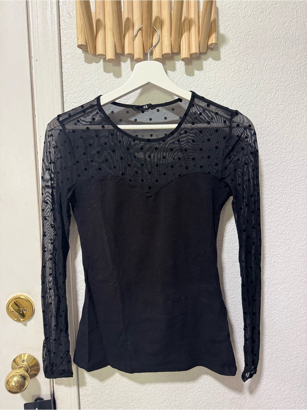 H&M Black Long Sleeve Polka Dot Mesh Top